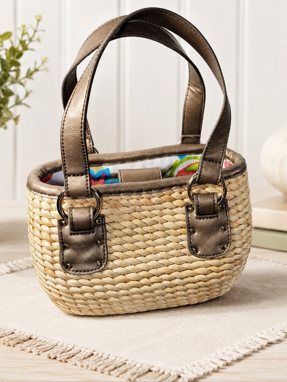 VTG Y2K Liz Claiborne Woven Straw Mini Tote Basket Bag Metallic Leather Boho